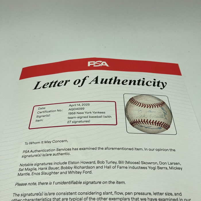 1958 New York Yankees World Series Champs Team Signed Baseball PSA DNA COA