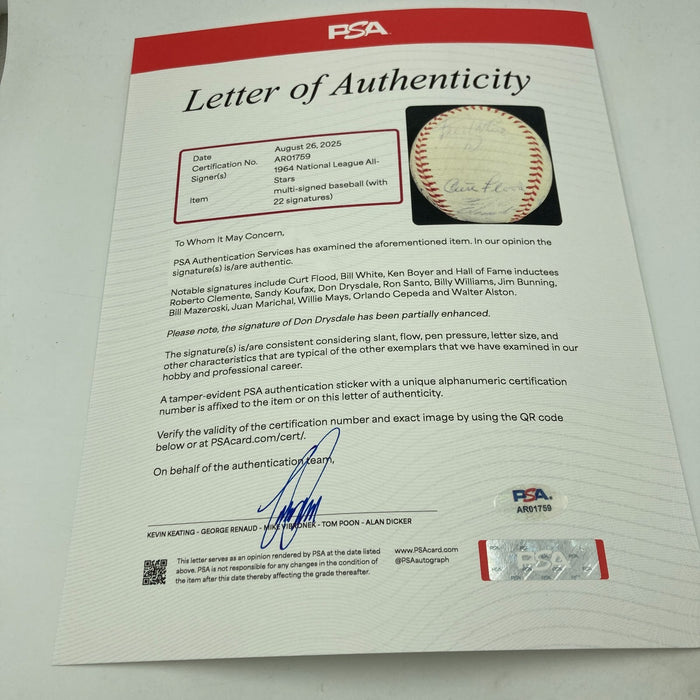 1964 All Star Game Team Signed Baseball Roberto Clemente Willie Mays Koufax PSA