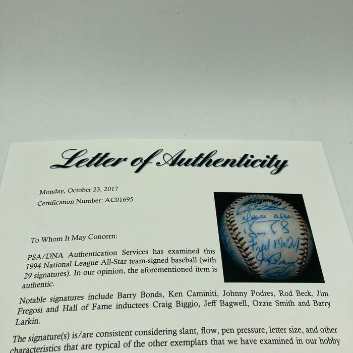 1994 All Star Game National League Team Signed Baseball Barry Bonds PSA DNA COA