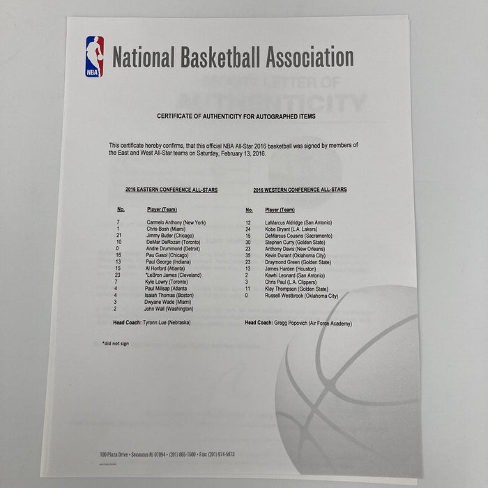 2016 All Star Game Team Signed Basketball Kobe Bryant Final AS Game Beckett COA