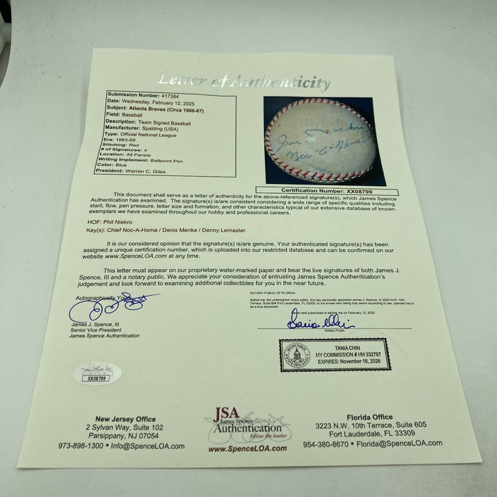 Chief Noc-A-Homa 1966 Atlanta Braves Signed NL Game Used Baseball JSA COA
