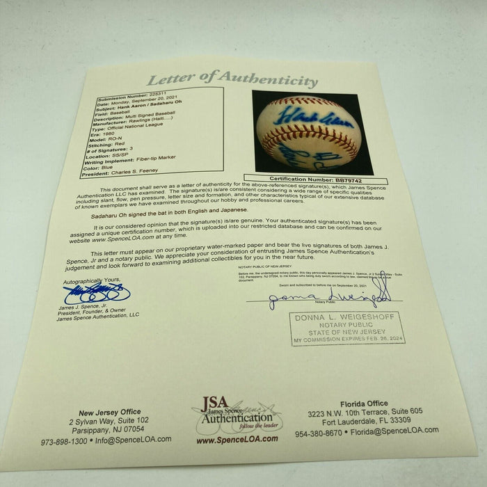 Hank Aaron & Sadaharu Oh Signed Vintage National League Baseball With JSA COA