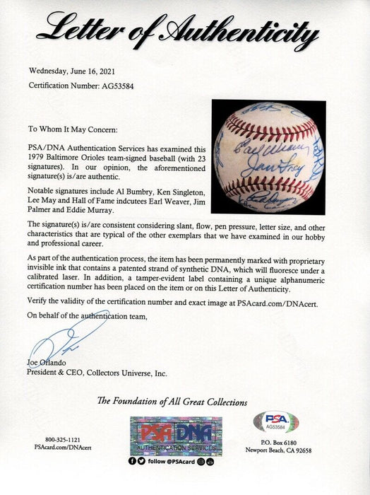 1979 Baltimore Orioles American League Champs Team Signed Baseball PSA DNA COA