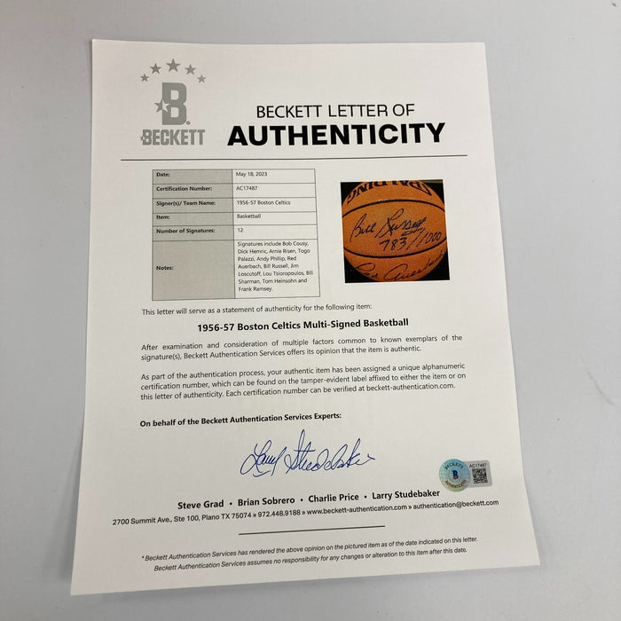 1956-57 Boston Celtics NBA Champs Team Signed Game Basketball Beckett COA