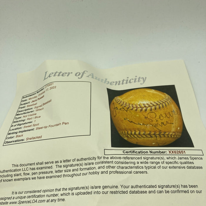 Rare Jack Powell Umpire Single Signed 1939 Game Used Baseball Dec. 1971 JSA COA