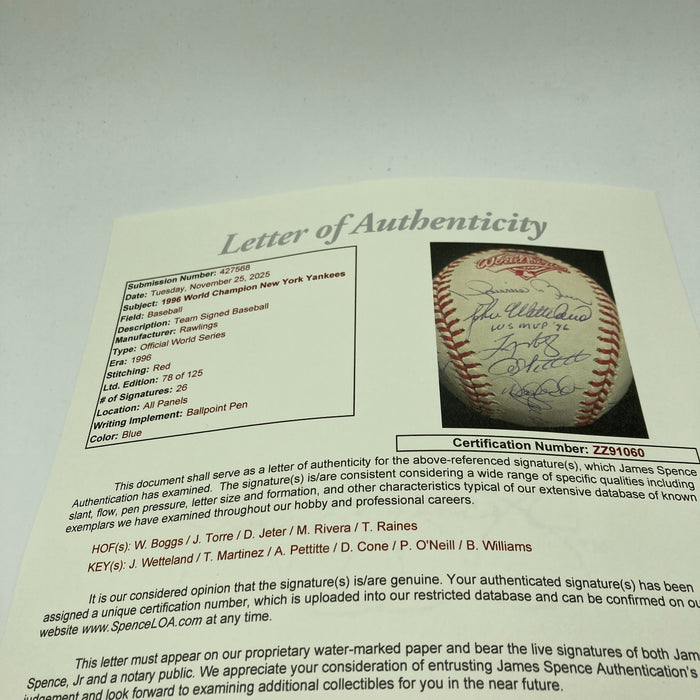 1996 Yankees Team Signed World Series Baseball Derek Jeter Mariano Rivera JSA