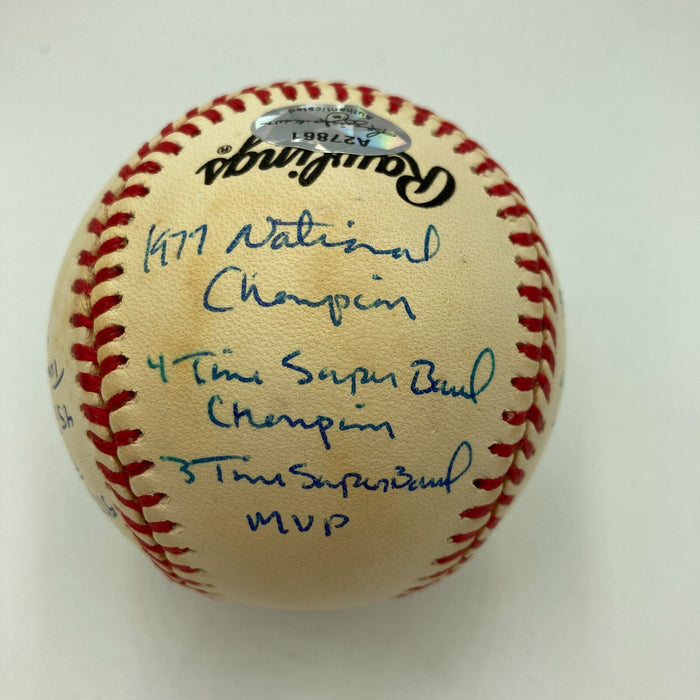 Joe Montana Signed Heavily Inscribed Career STAT Baseball Reggie Jackson COA