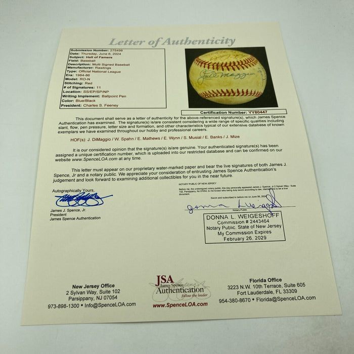 Joe Dimaggio Stan Musial Ernie Banks HOF Legends Signed Baseball JSA COA