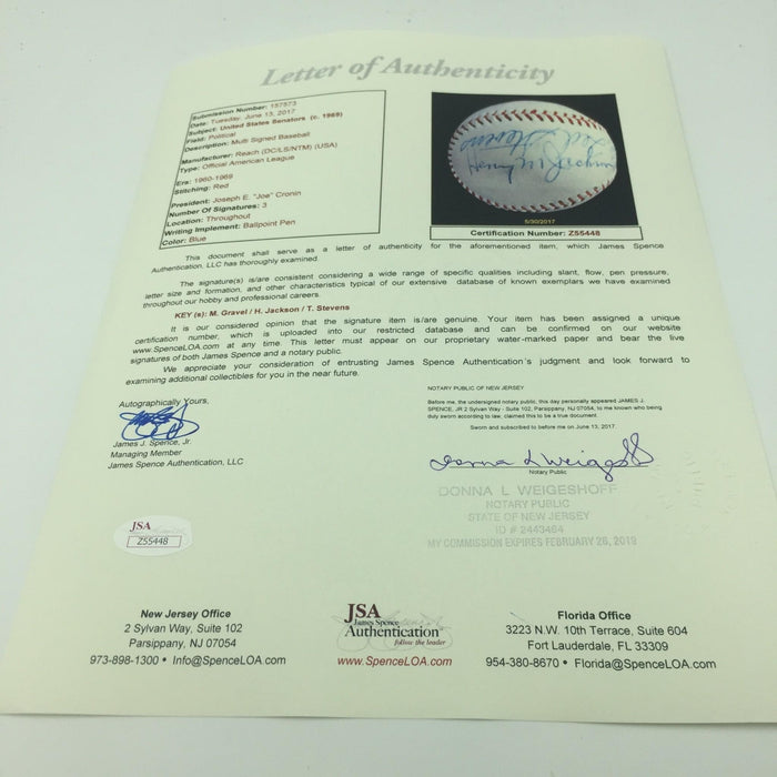 Senator Henry Scoop Jackson Ted Stevens Mike Gravel Signed Baseball JSA COA