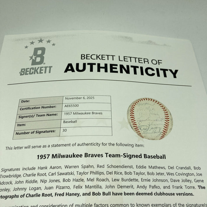 1957 Milwaukee Braves World Series Champs Team Signed Baseball PSA DNA & Beckett