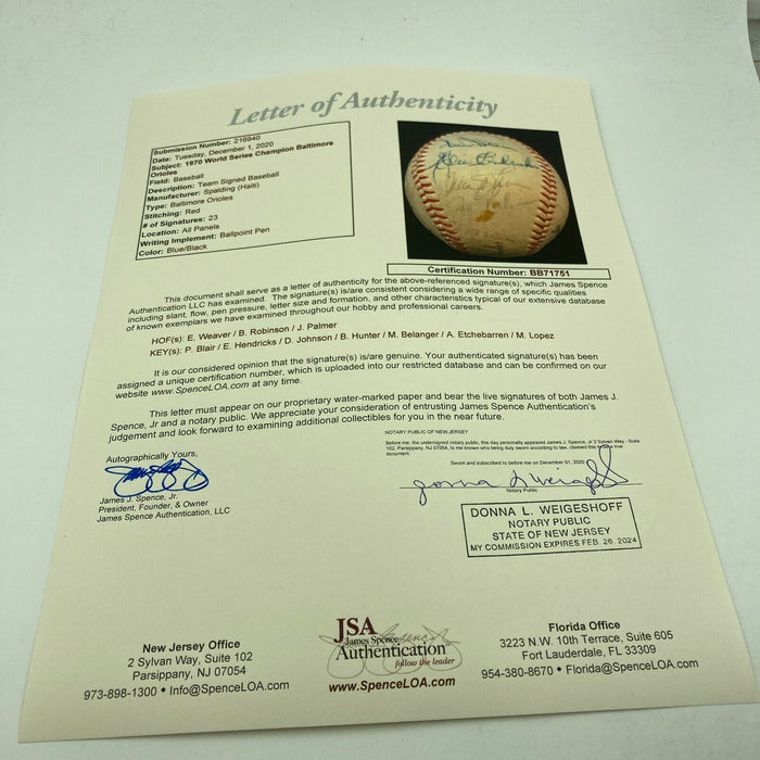 1970 Baltimore Orioles World Series Champs Team Signed Baseball With JSA COA