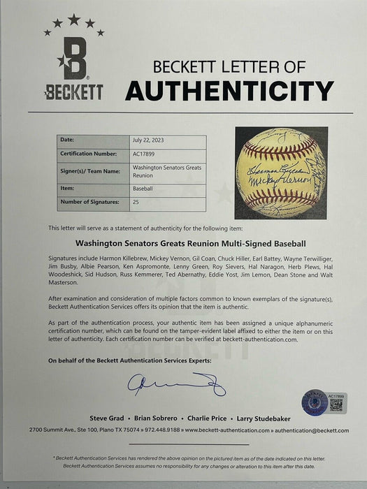 Washington Senators Legends Signed Baseball Harmon Killebrew Beckett COA