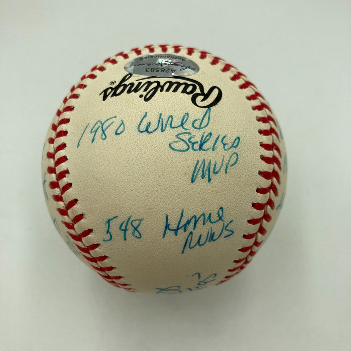 Mike Schmidt Signed Heavily Inscribed Career STAT Baseball Reggie Jackson COA