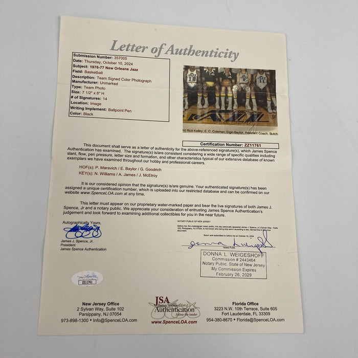 Pistol Pete Maravich 1976-1977 New Orleans Jazz Team Signed Photo JSA COA