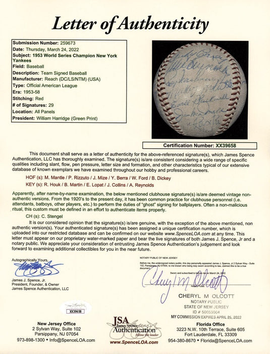 1953 New York Yankees World Series Champs Team Signed Baseball Mickey Mantle JSA