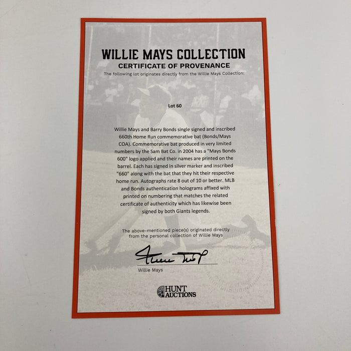 Willie Mays & Barry Bonds 660 Home Runs Signed Inscribed Baseball Bat Mays COA