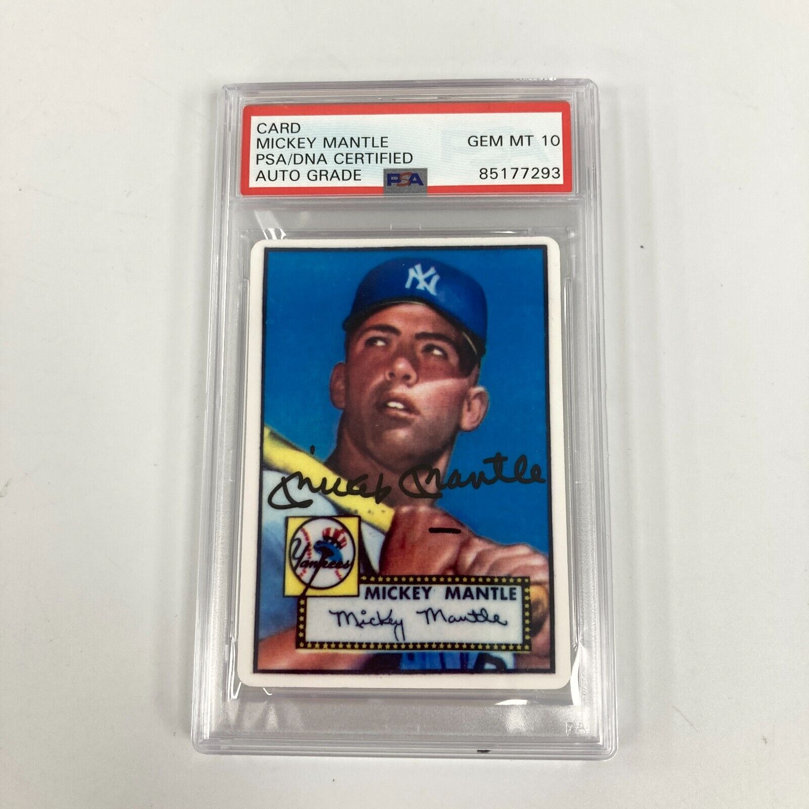 graded mickey mantle cards 1952 Topps Mickey Mantle Signed Porcelain Baseball Card RC PSA DNA 10 — Showpieces Sports