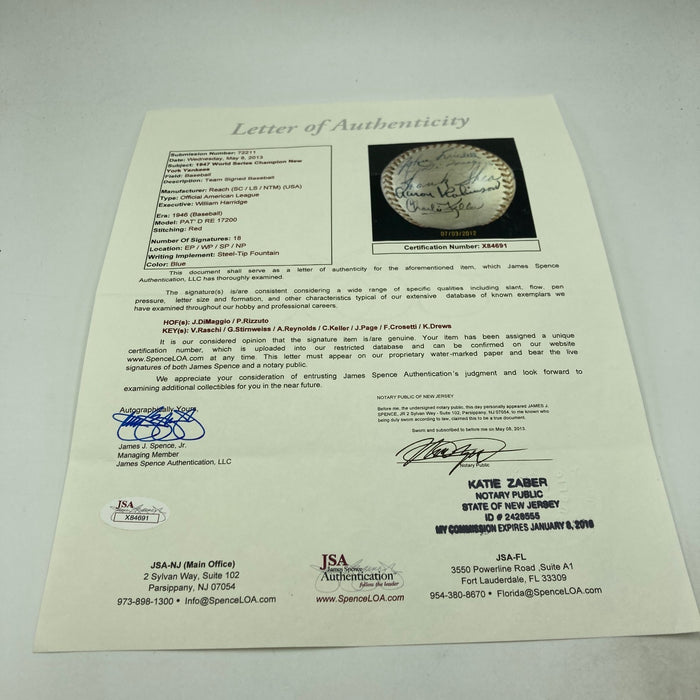 1947 New York Yankees World Series Champs Team Signed Baseball JSA COA