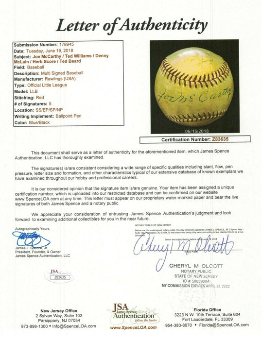 Joe Mccarthy Sweet Spot Signed Baseball With Ted Williams JSA COA