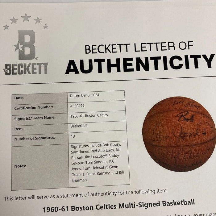 1960-61 Boston Celtics NBA Champs Team Signed Vintage Basketball Beckett COA