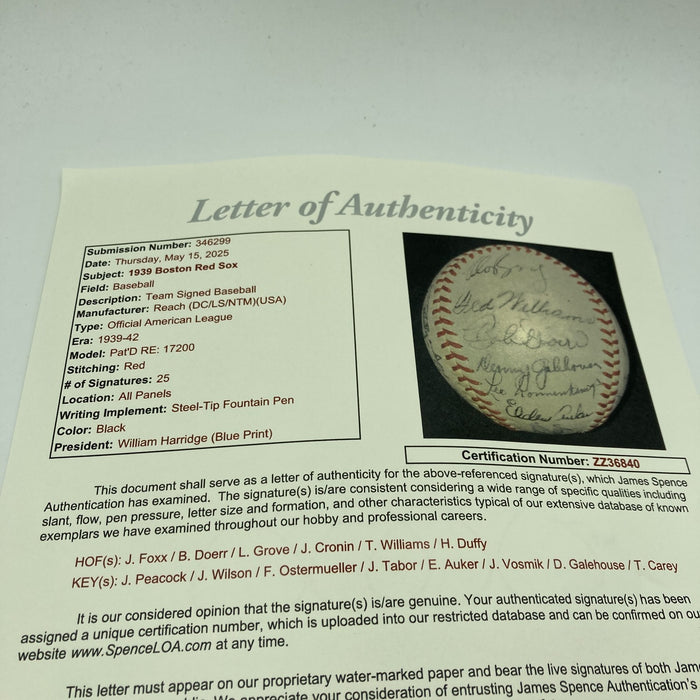 Ted Williams Rookie 1939 Boston Red Sox Team Signed Baseball Jimmie Foxx JSA COA