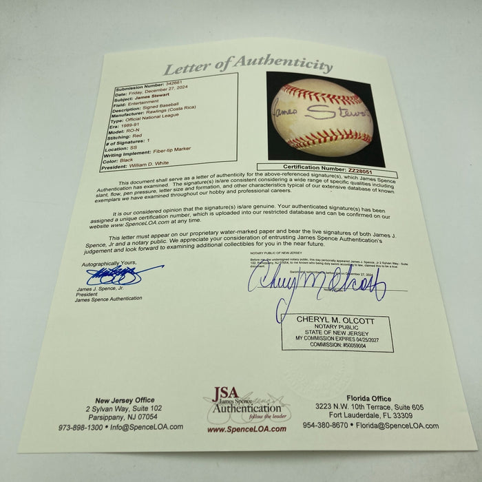 James Jimmy Stewart Signed National League Baseball JSA COA Movie Star Celebrity