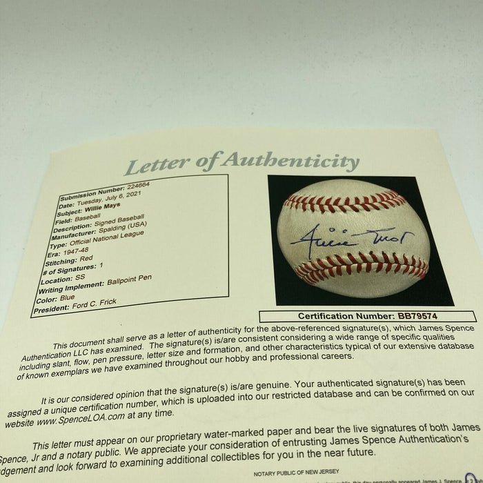 Beautiful Willie Mays Signed 1940's National League Frick Baseball With JSA COA