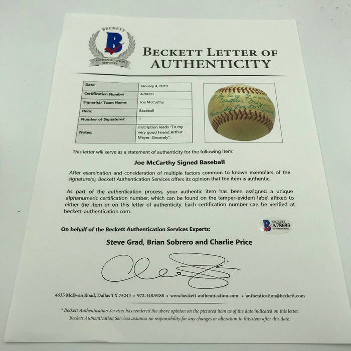 Beautiful Joe Mccarthy Single Signed National League Baseball With Beckett COA