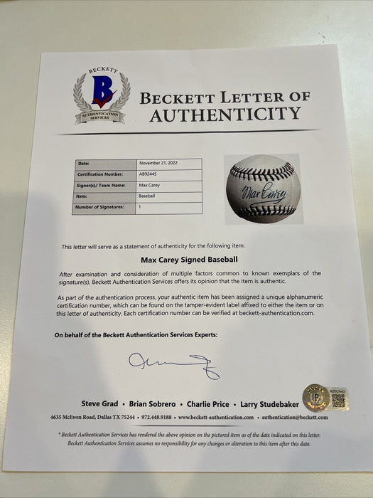 The Finest Max Carey Single Signed Baseball PSA DNA & Beckett COA