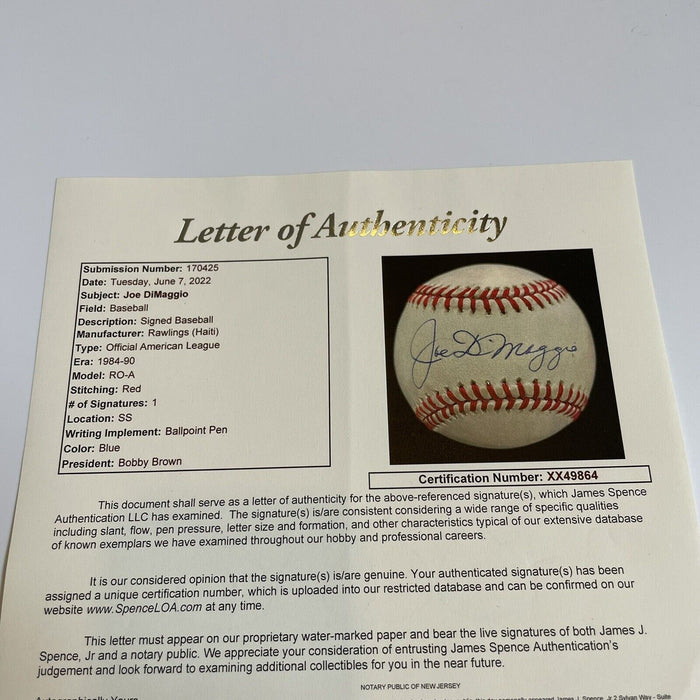 Beautiful Joe Dimaggio Signed Official American League Baseball JSA COA