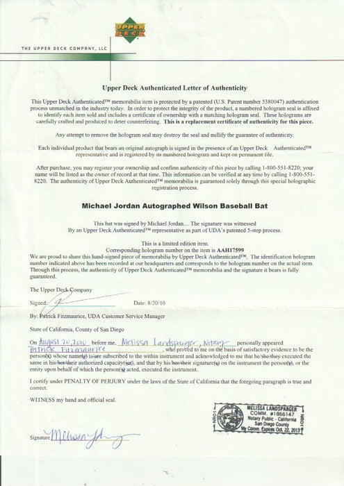 Michael Jordan Signed 1994 Wilson Game Model Baseball Bat Upper Deck UDA COA