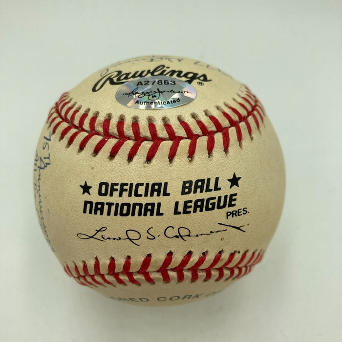 Joe Montana Signed Heavily Inscribed Career STAT Baseball Reggie Jackson COA