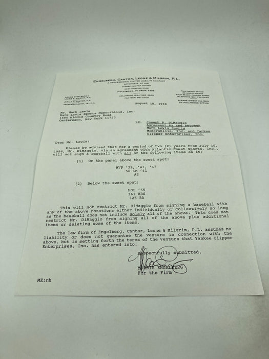 Joe Dimaggio Signed Heavily Inscribed STAT Baseball JSA COA