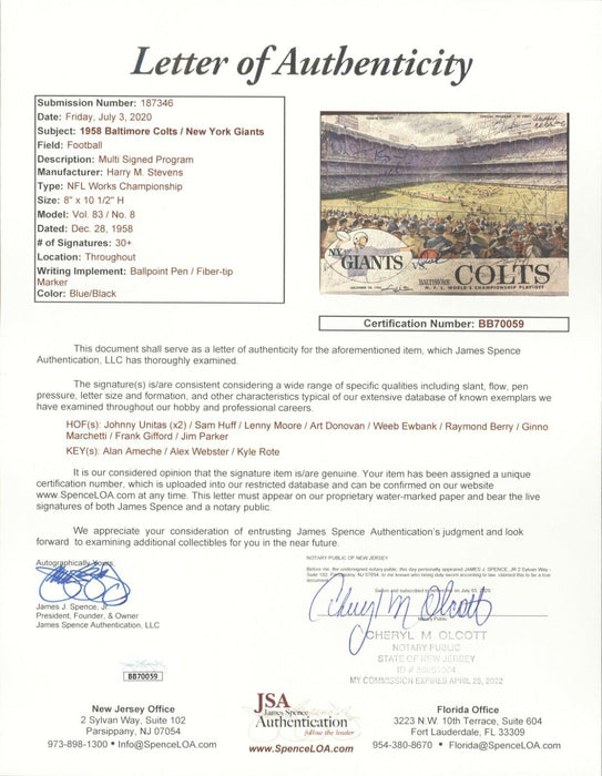 1958 Baltimore Colts & Giants Team Signed Program Greatest Game Ever Played JSA