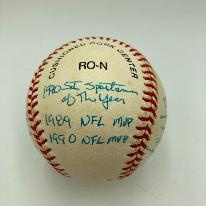 Joe Montana Signed Heavily Inscribed Career STAT Baseball Reggie Jackson COA