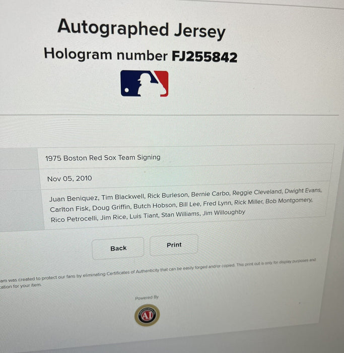 Stunning 1975 Boston Red Sox AL Champs Team Signed Jersey MLB Authentic Holo