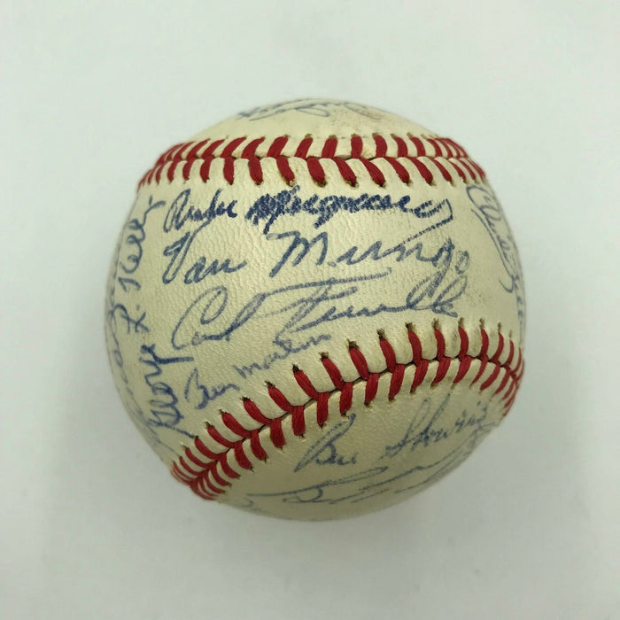 Joe Dimaggio Rube Marquard Frankie Frisch New York Legends Signed Baseball JSA