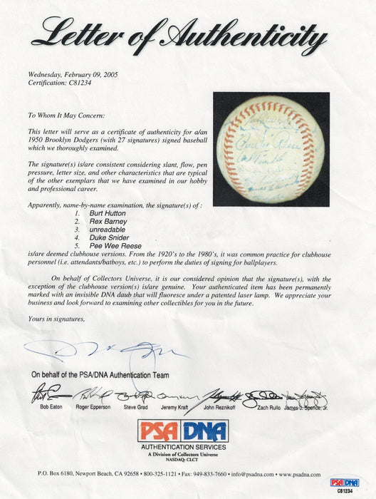 Jackie Robinson 1950 Brooklyn Dodgers Team Signed Baseball PSA DNA COA