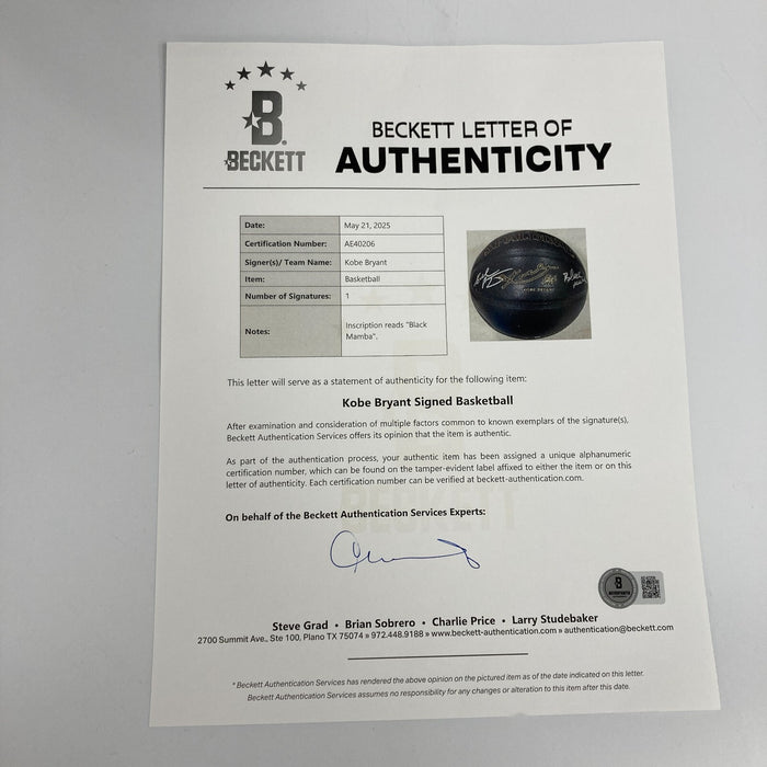 Kobe Bryant "Black Mamba" Signed Inscribed Basketball Panini & Beckett COA RARE