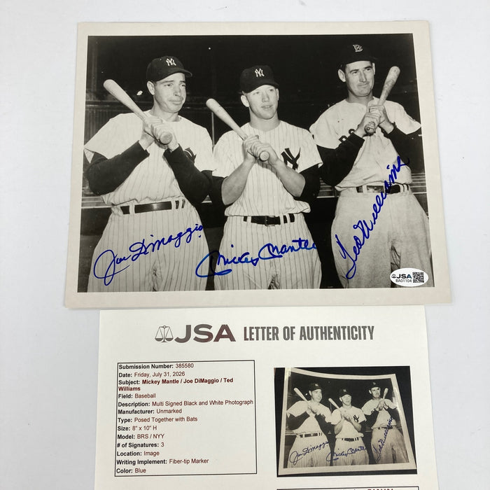 Mickey Mantle Joe Dimaggio Ted Williams Signed 8x10 Photo JSA COA Bold Mint Auto