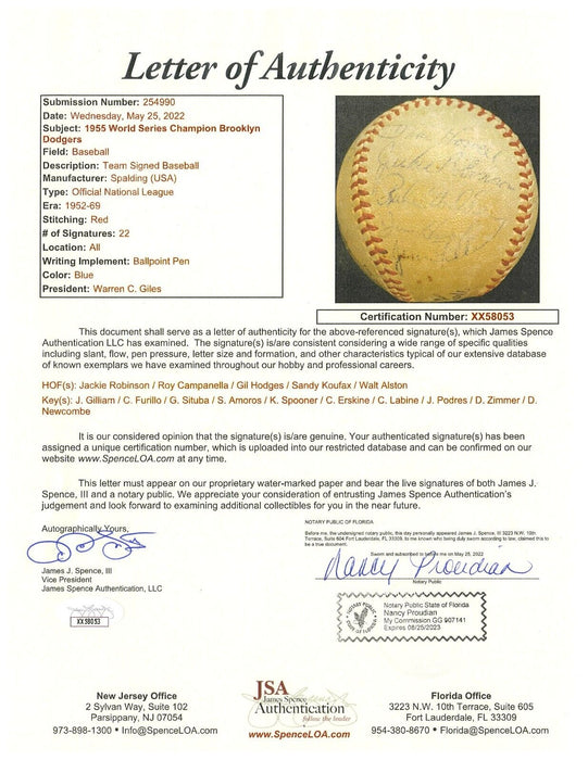 1955 Brooklyn Dodgers W.S. Champs Team Signed Baseball Jackie Robinson JSA COA