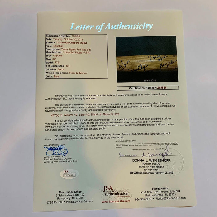 Bernie Williams Rookie 1989 Columbus Clippers Yankees Team Signed Game Bat JSA