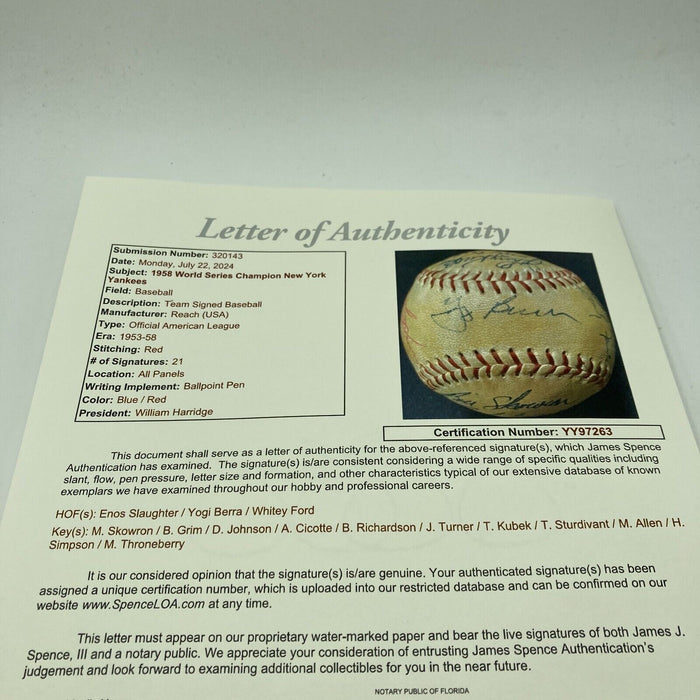 1958 New York Yankees World Series Champs Team Signed Baseball JSA COA