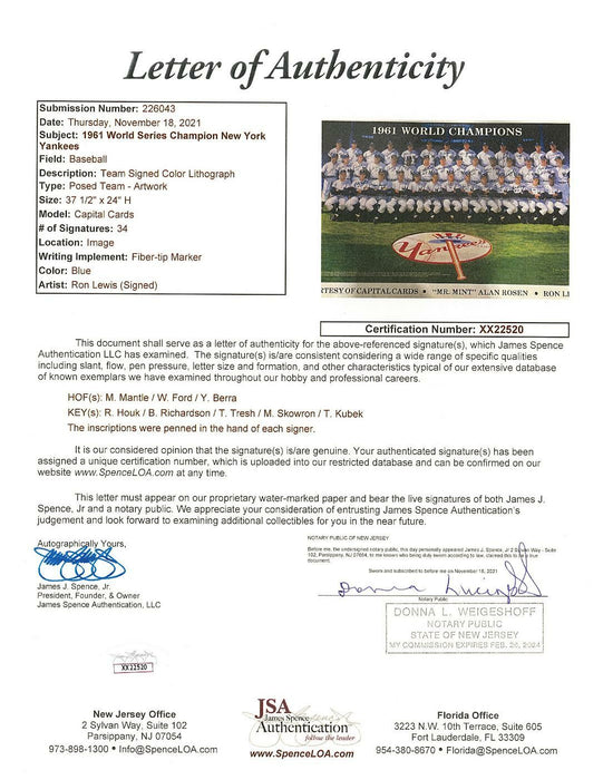 1961 New York Yankees WS Champs Team Signed Large Photo Mickey Mantle JSA COA