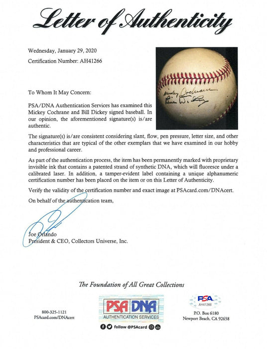 Mickey Cochrane & Bill Dickey Legendary Catchers Signed AL Baseball PSA DNA COA