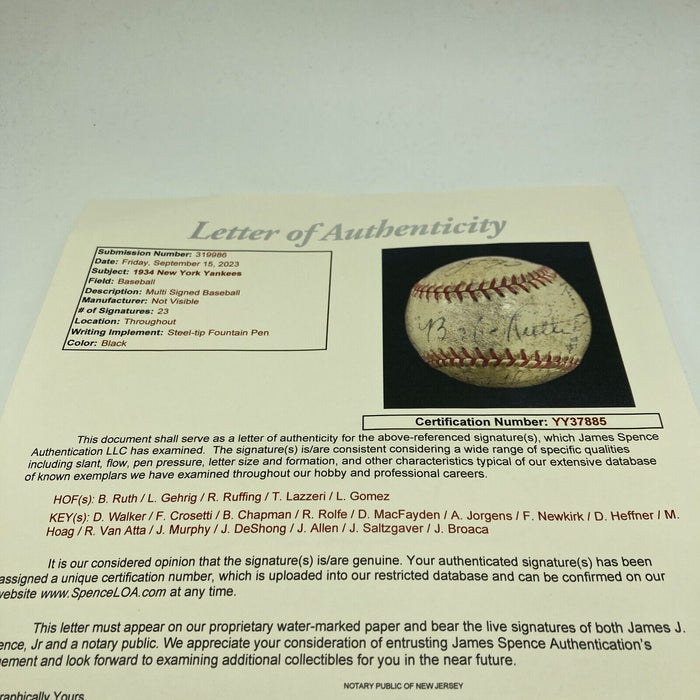 Babe Ruth & Lou Gehrig 1934 New York Yankees Team Signed Baseball JSA COA