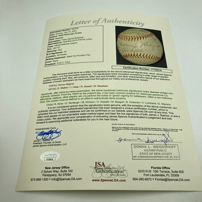 Honus Wagner Sweet Spot 1949 Pittsburgh Pirates Team Signed Baseball JSA COA
