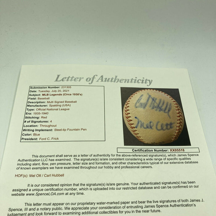 Beautiful Mel Ott & Carl Hubbell Signed 1935 National League Baseball JSA COA