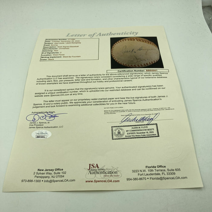 Extraordinary Joe Louis & Jack Dempsey Boxing Legends Signed Baseball JSA COA