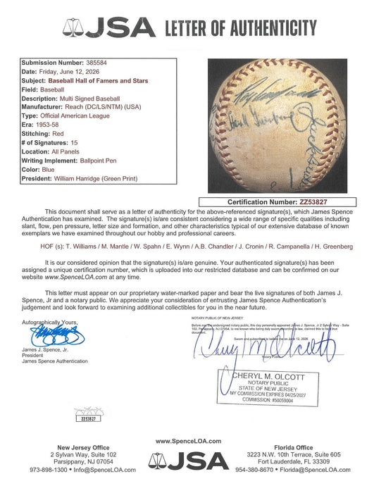 1953 Mickey Mantle Ted Williams Roy Campanella Greenberg HOF Signed Baseball JSA